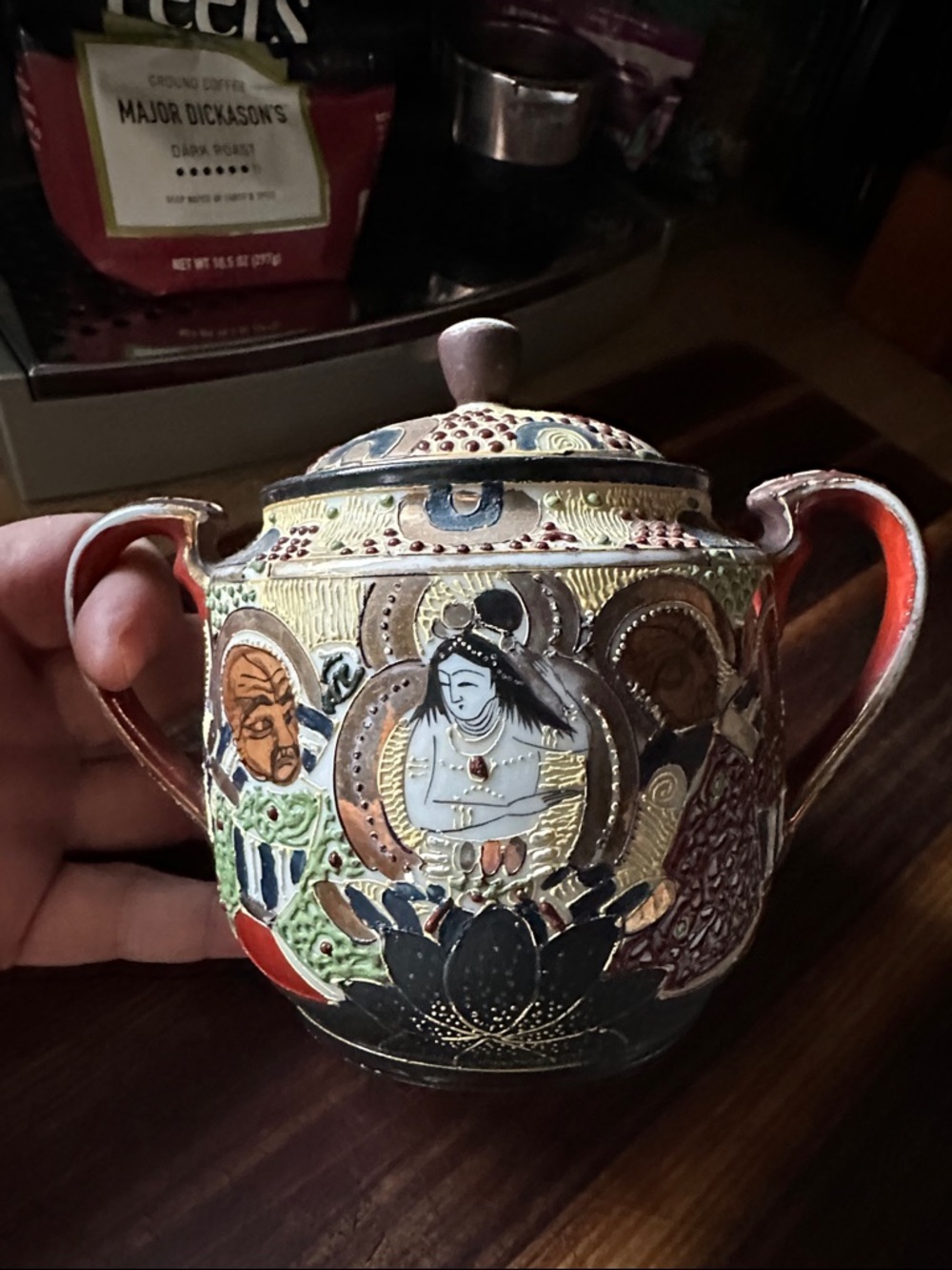 Japanese Hand painted antique sugar jar… w lid. Sweet Unique Antique treasure.